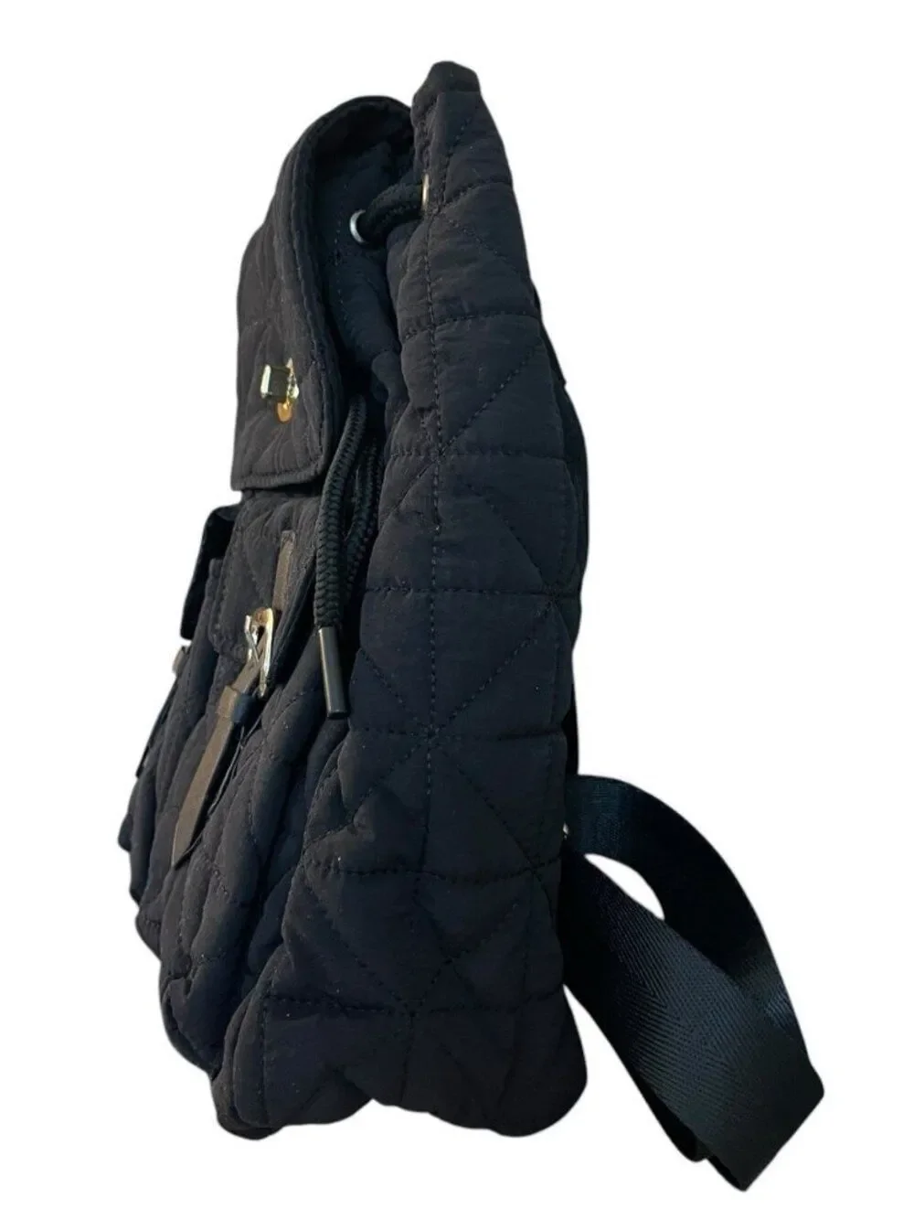 Black Quilted Mini Backpack Faux Leather Adjustable Straps Drawstring New